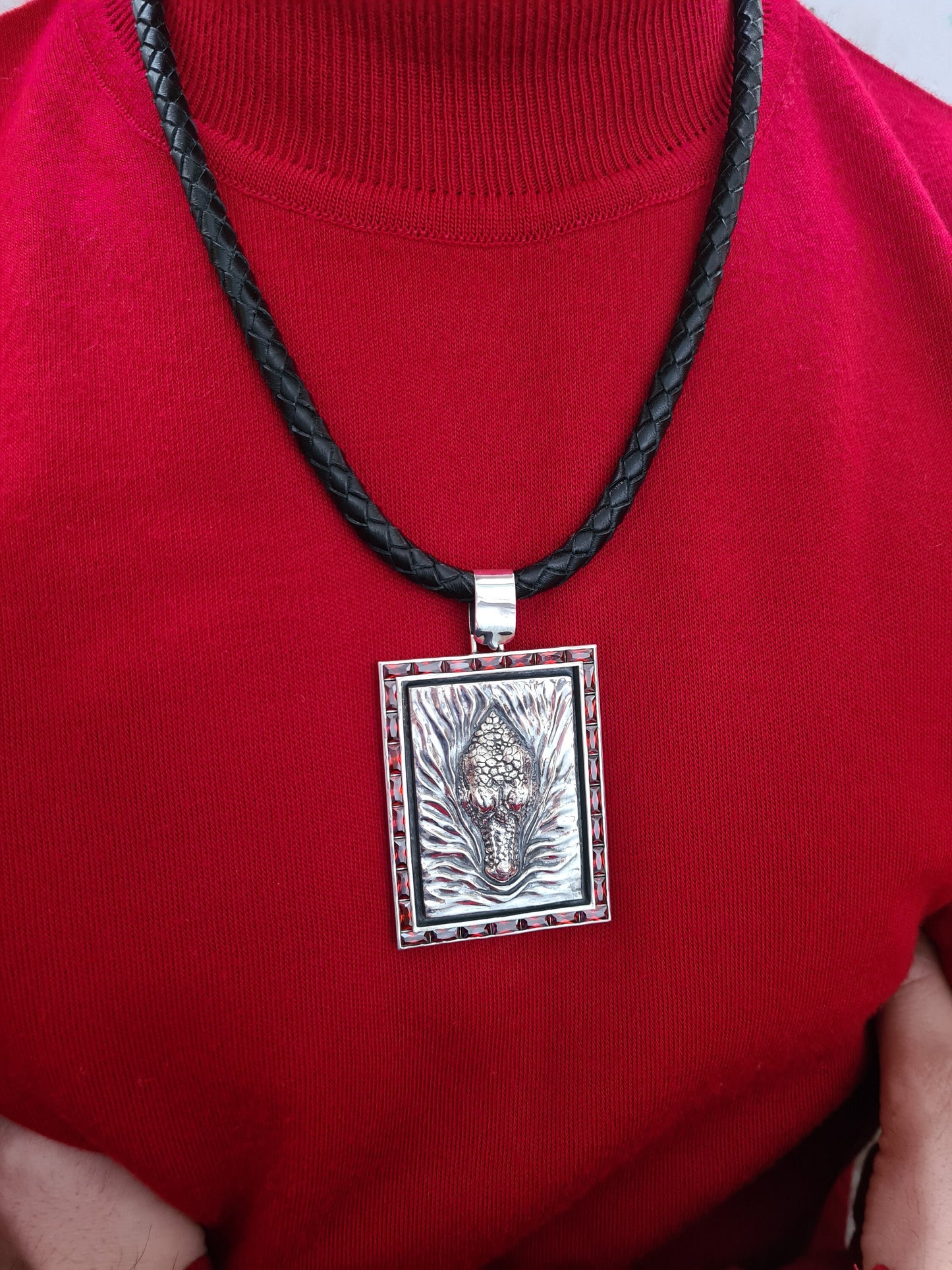 massive pendant Nile crocodile with natural garnets