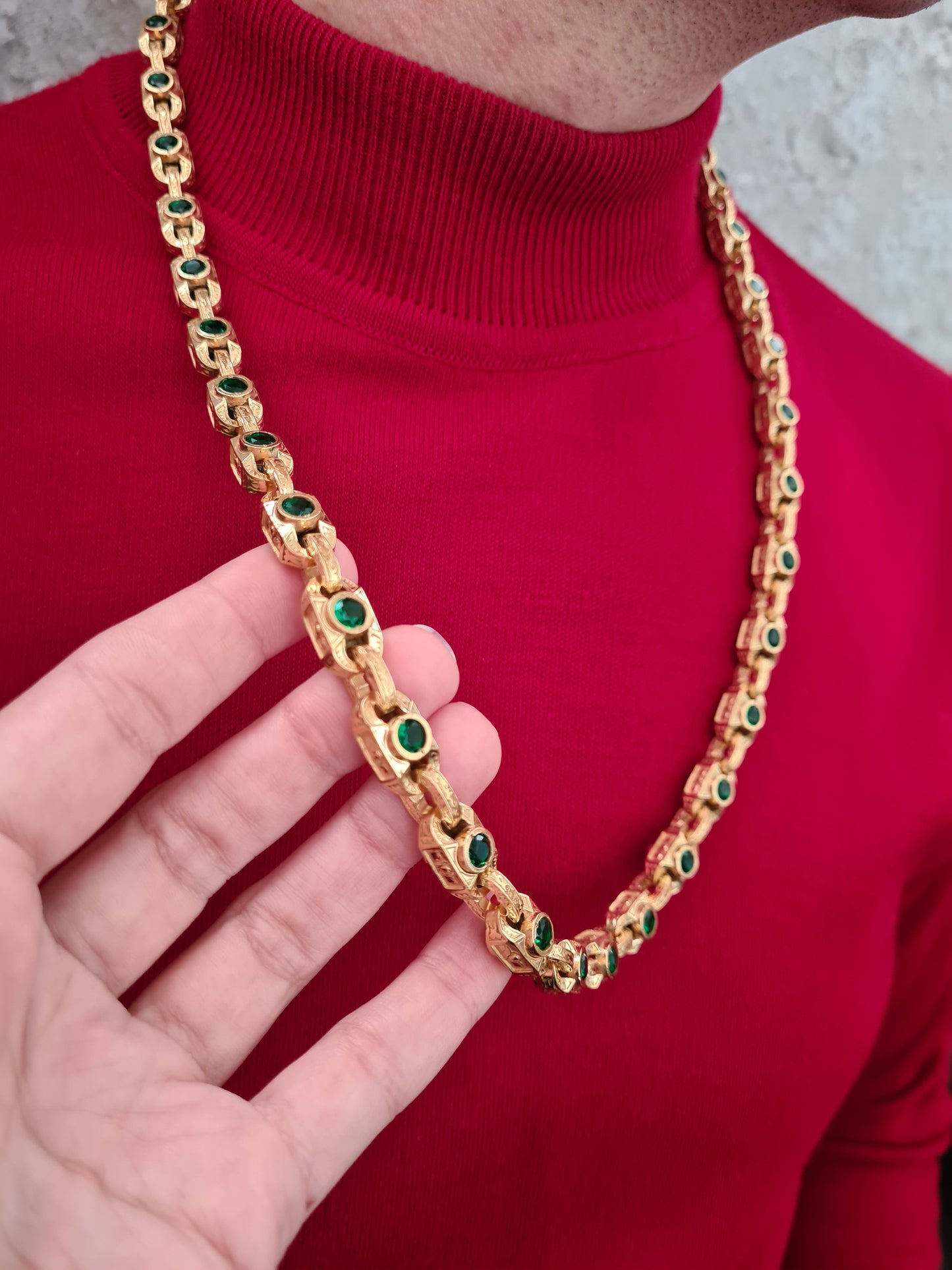 Men’s necklace sterling silver 925 with 18K gold finish and green stones