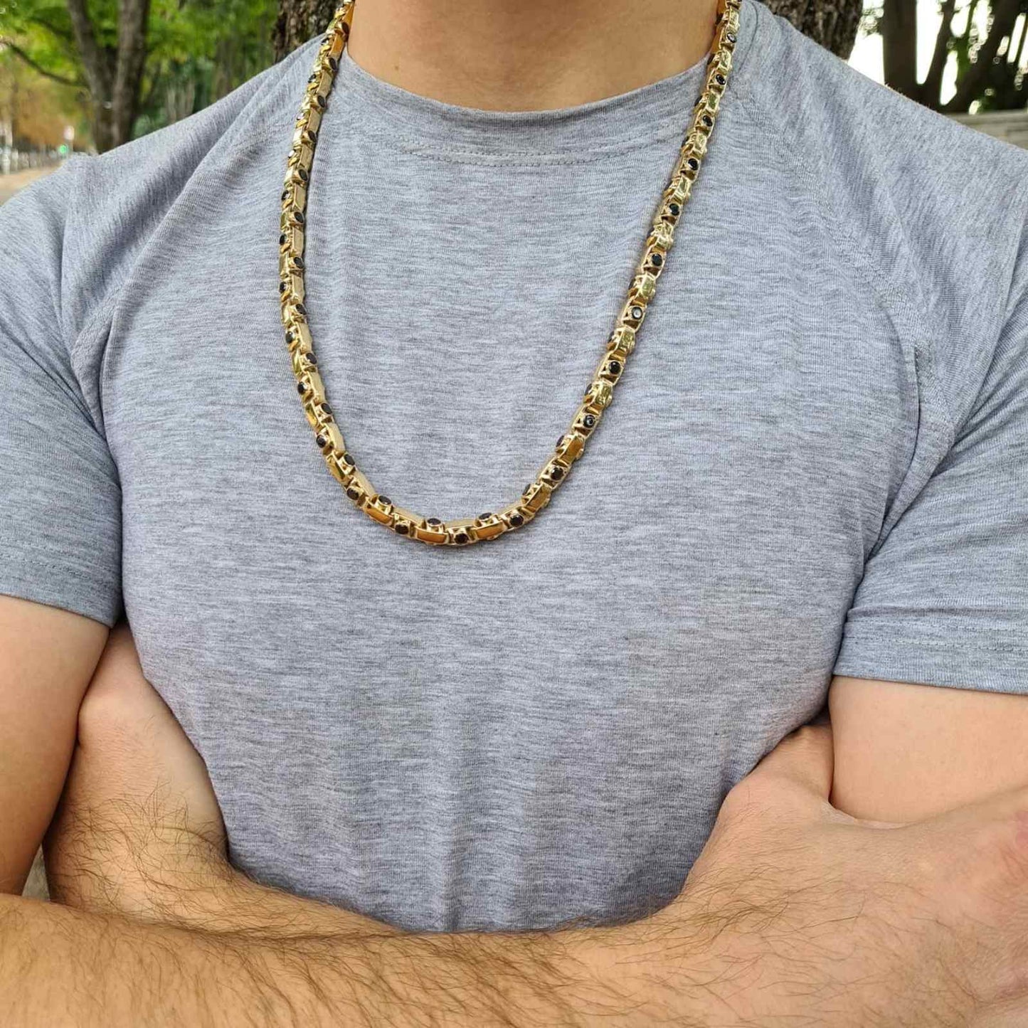 Premium sterling silver men's chain with 18K gold and onyx