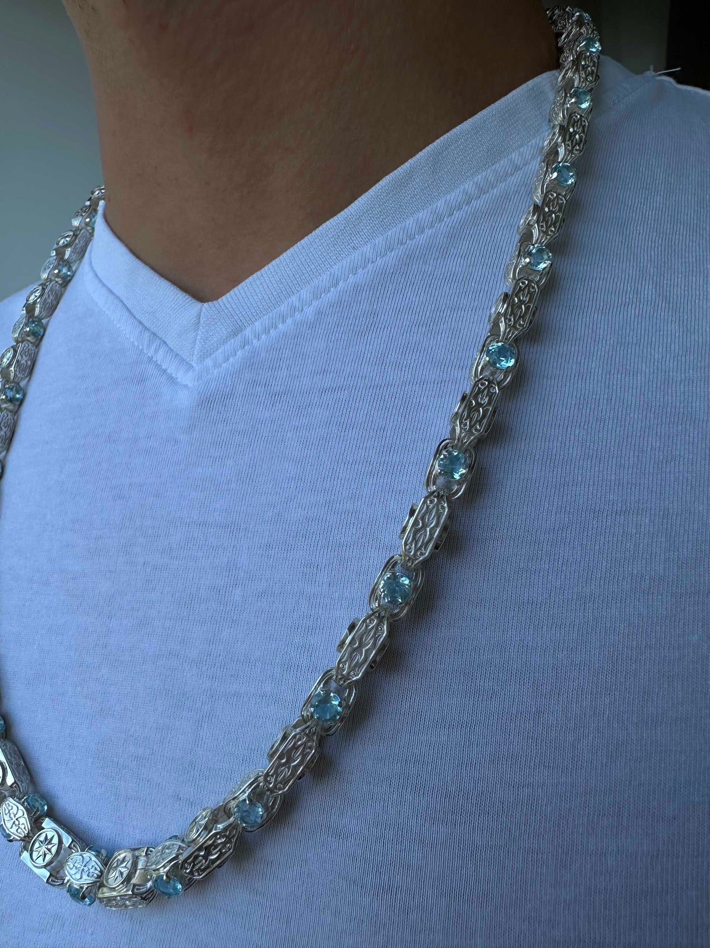 silver men's necklace with natural stones