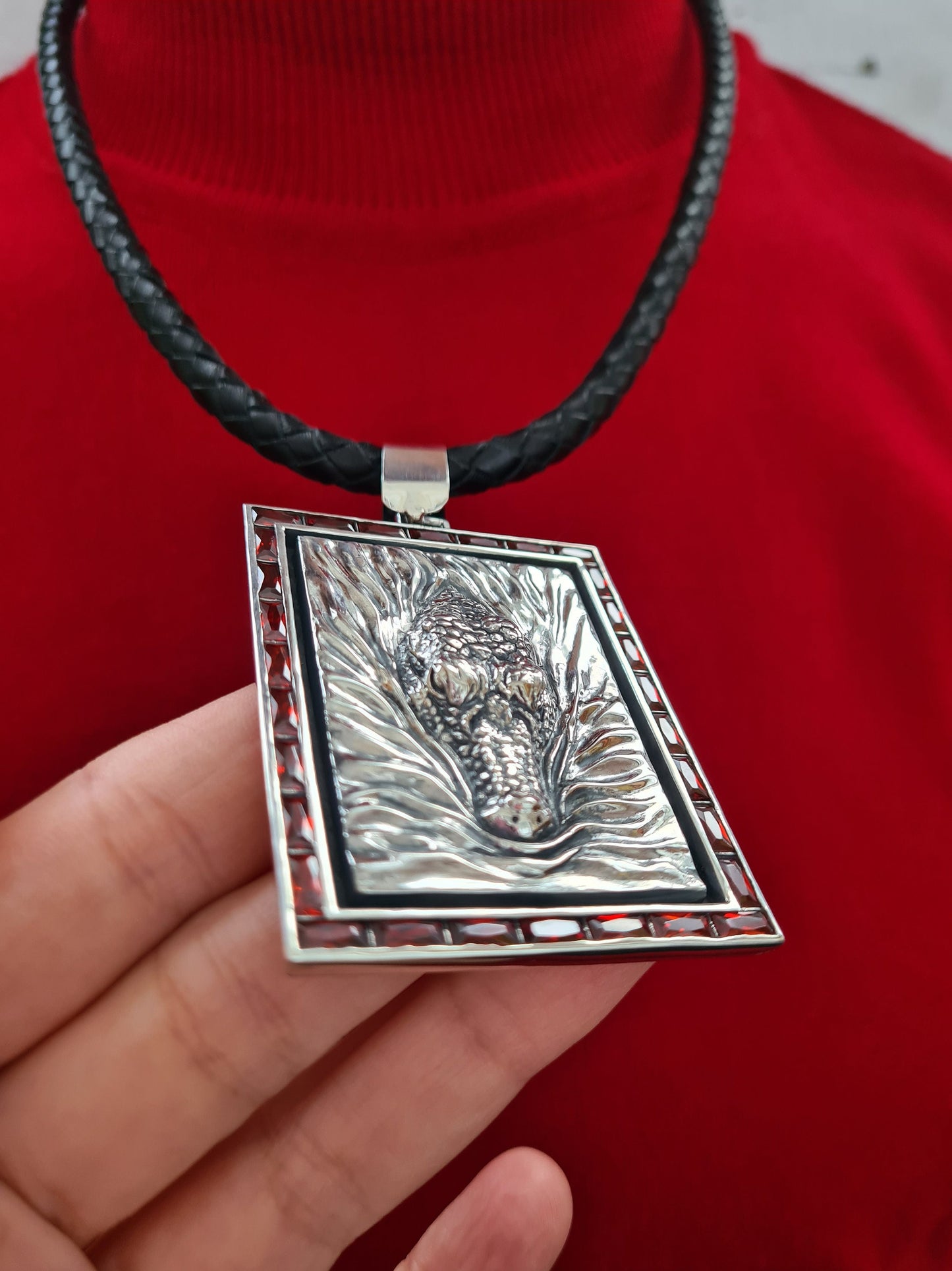 silver pendant Nile crocodile with garnet 925