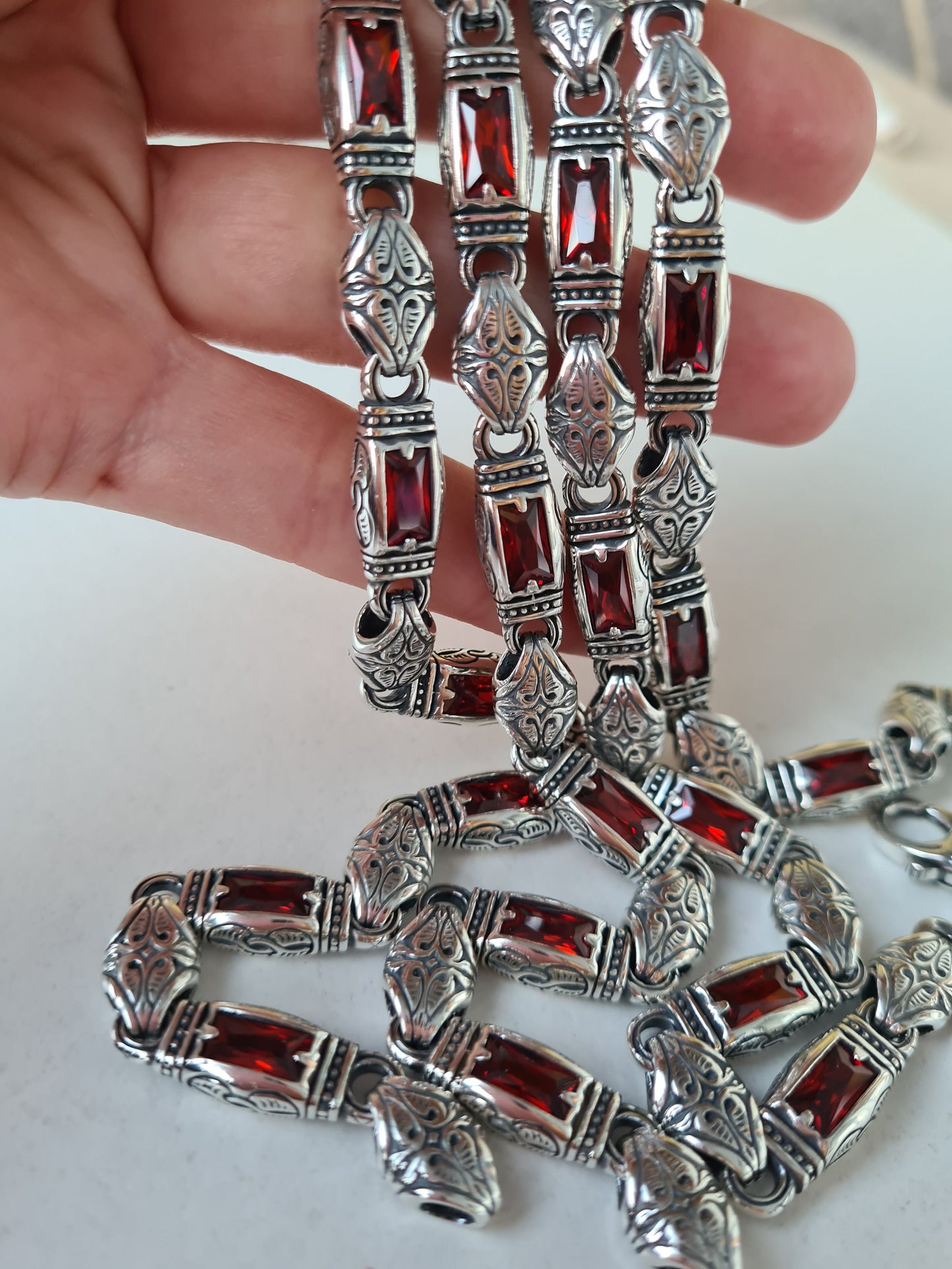 Men's necklace made of 925 silver with garnets and gothic pattern
