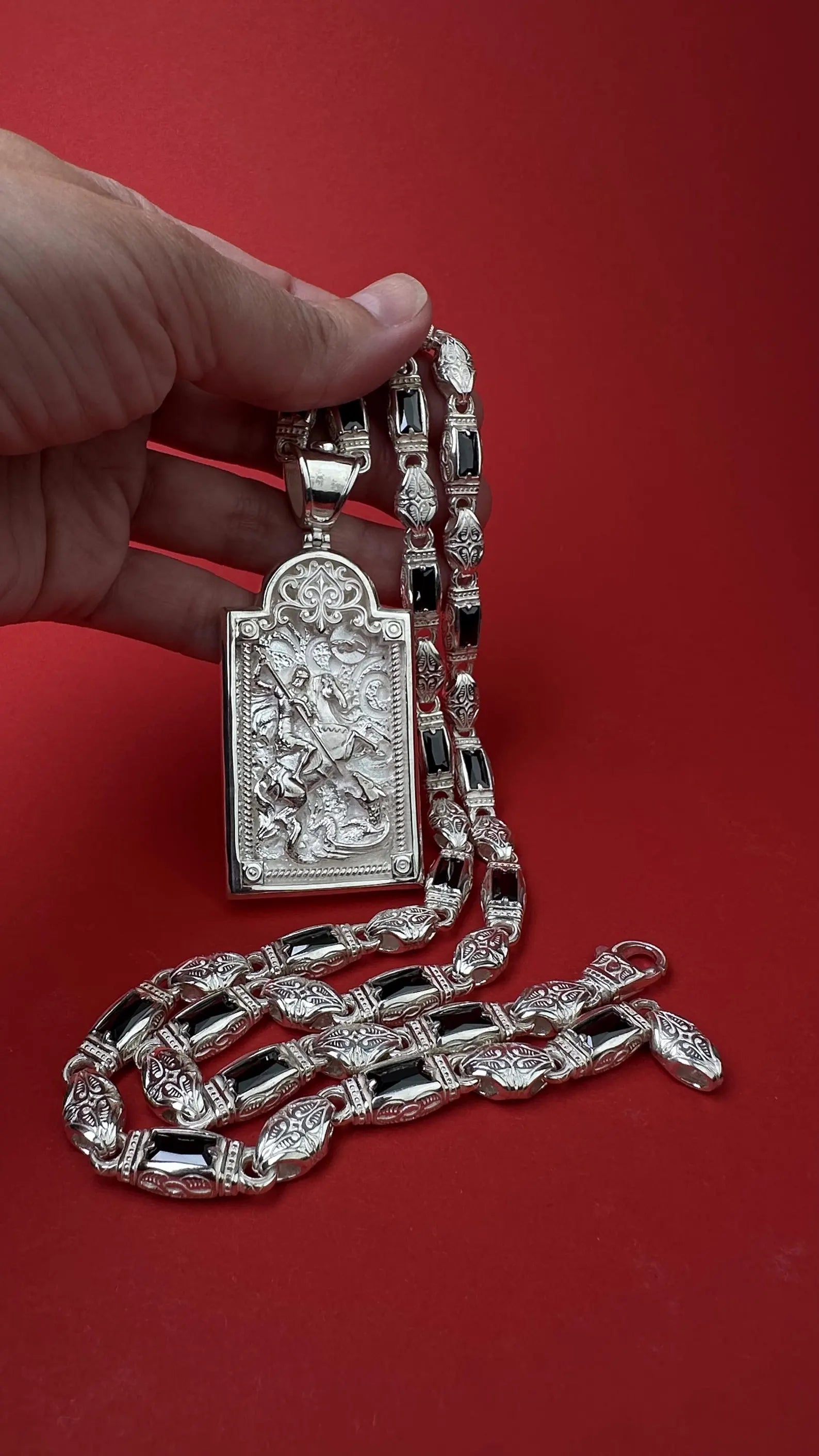Necklace made of 925 silver with onyx stone and Orthodox symbol