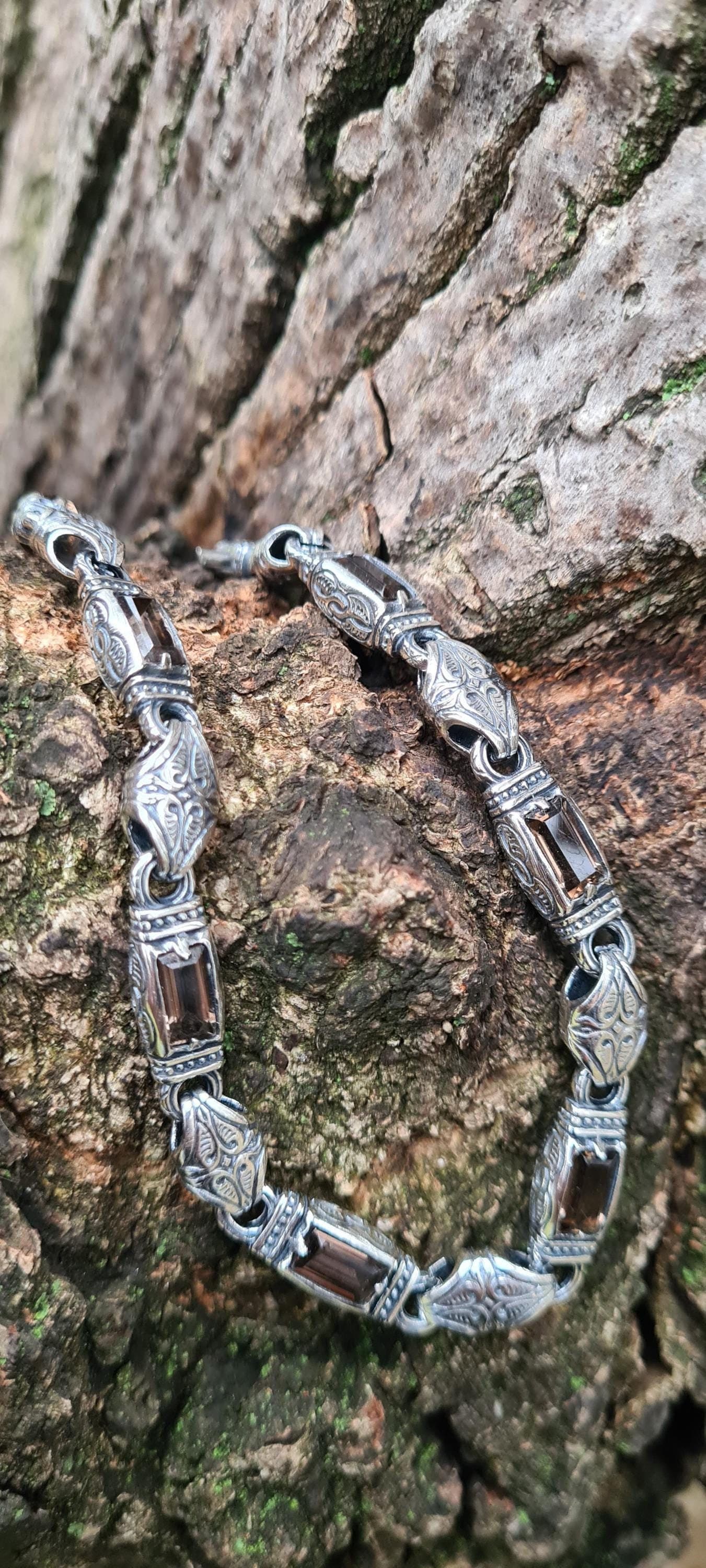 Men's bracelet made of 925 silver with natural rauchtopaz