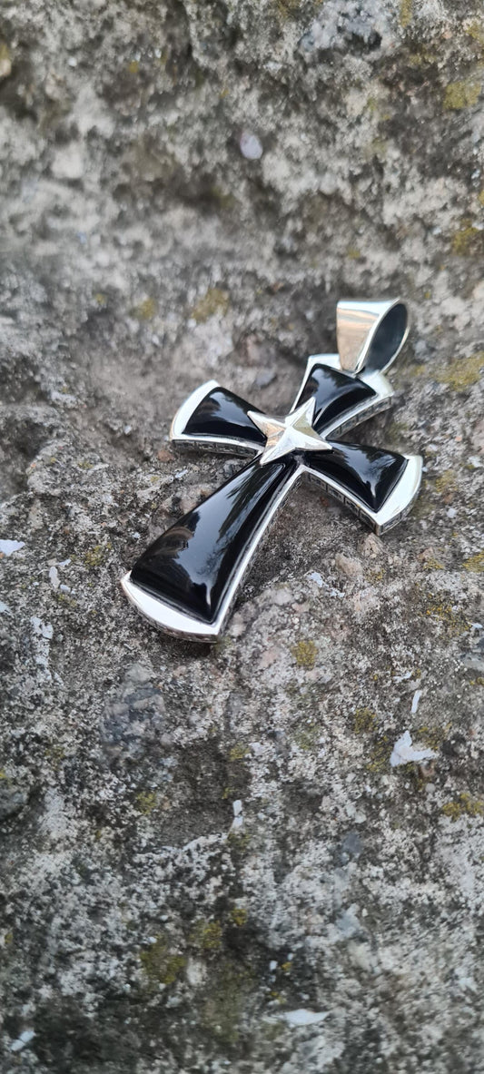 Gothic sterling silver cross pendant with black onyx gemstone