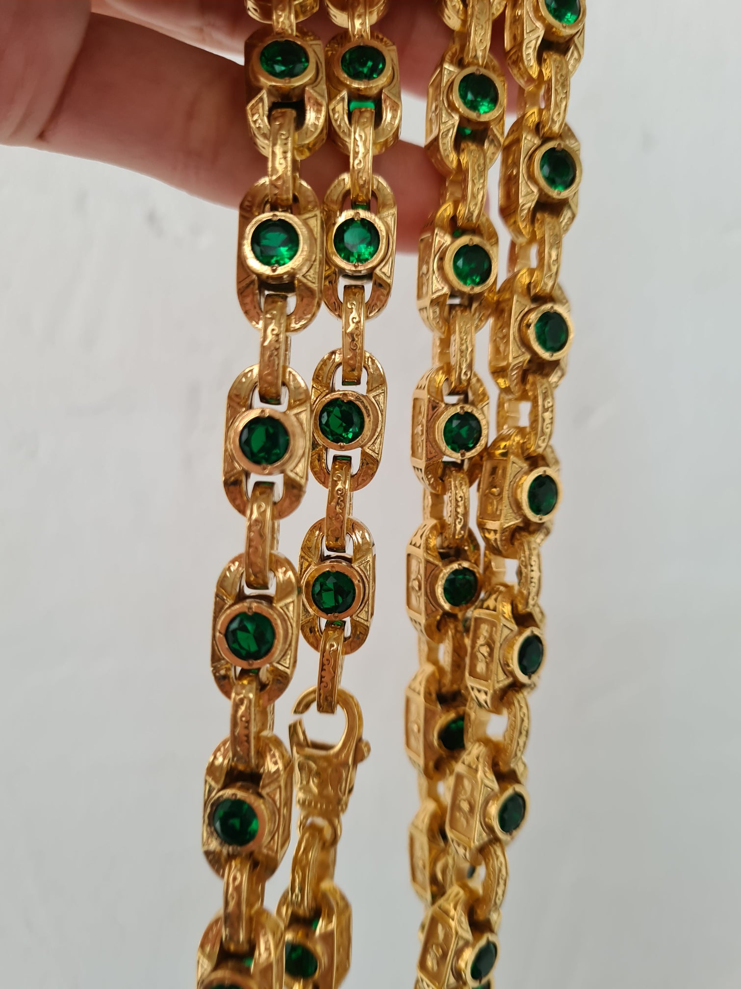 Luxury men’s silver chain gold plated with green gemstones, heavy weight