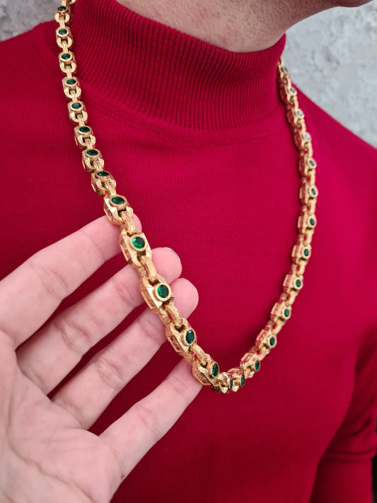 Men’s necklace sterling silver 925 with 18K gold finish and green stones