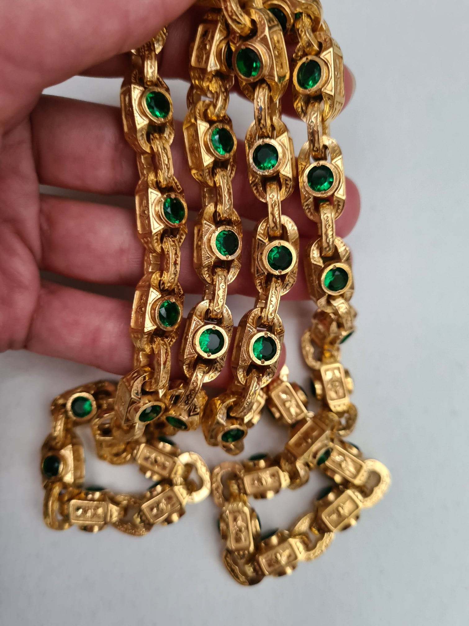 Heavy men’s sterling silver chain with 18K gold plating and green stones