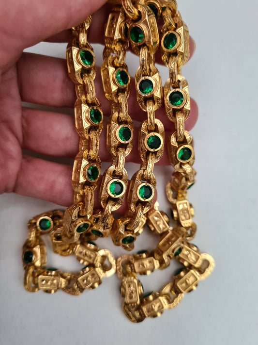 Heavy men’s sterling silver chain with 18K gold plating and green stones