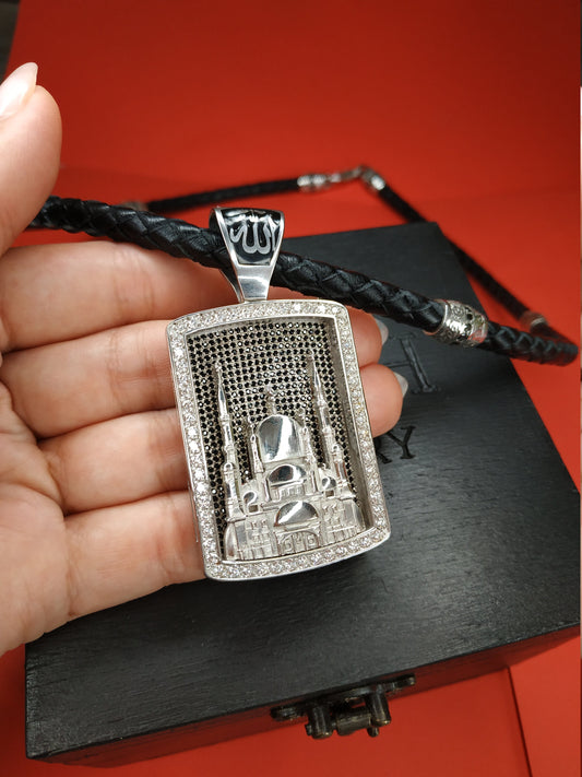Muslim Pendant "Mosque" made of 925 Silver with Zirconia and Onyx