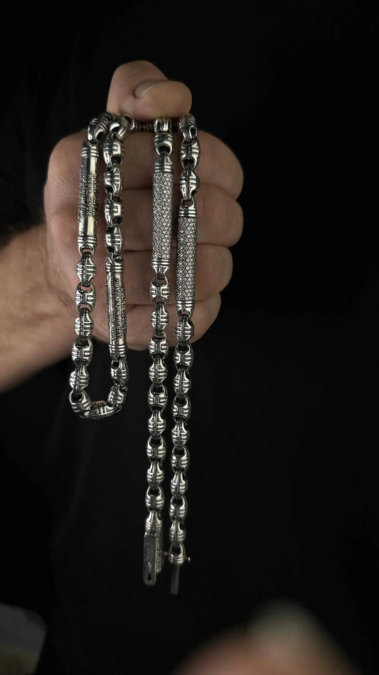 Men’s darkened silver chain with prayer engraving and stones