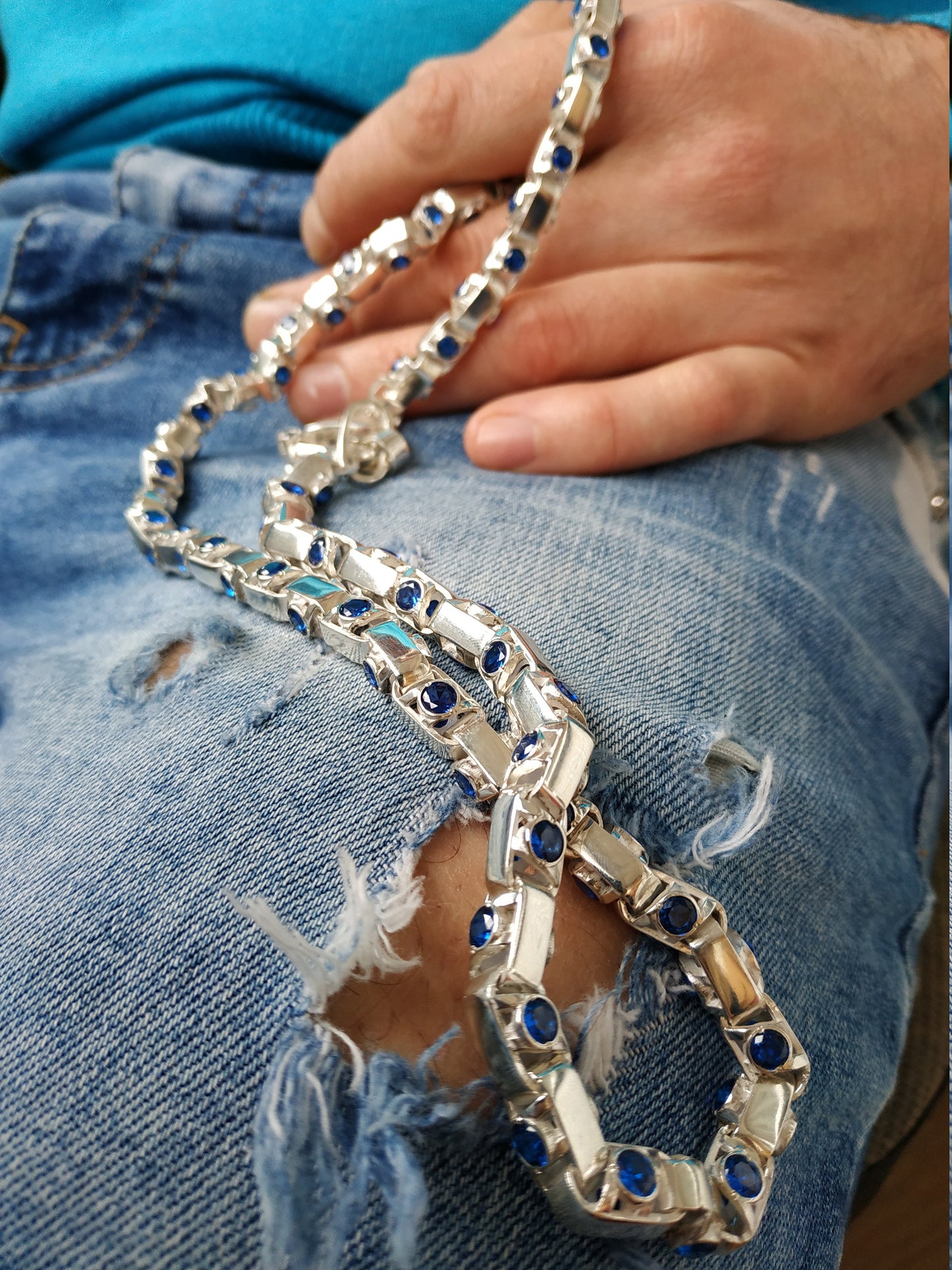 Men's chain made of silver with blue stones 925 assay value