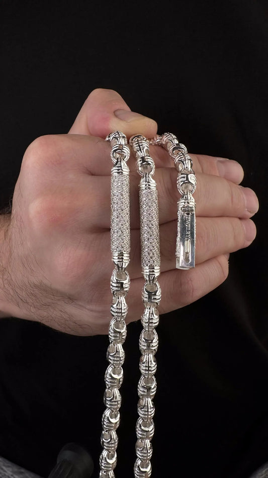 Heavy men’s silver chain with Our Father prayer engraved and gemstones