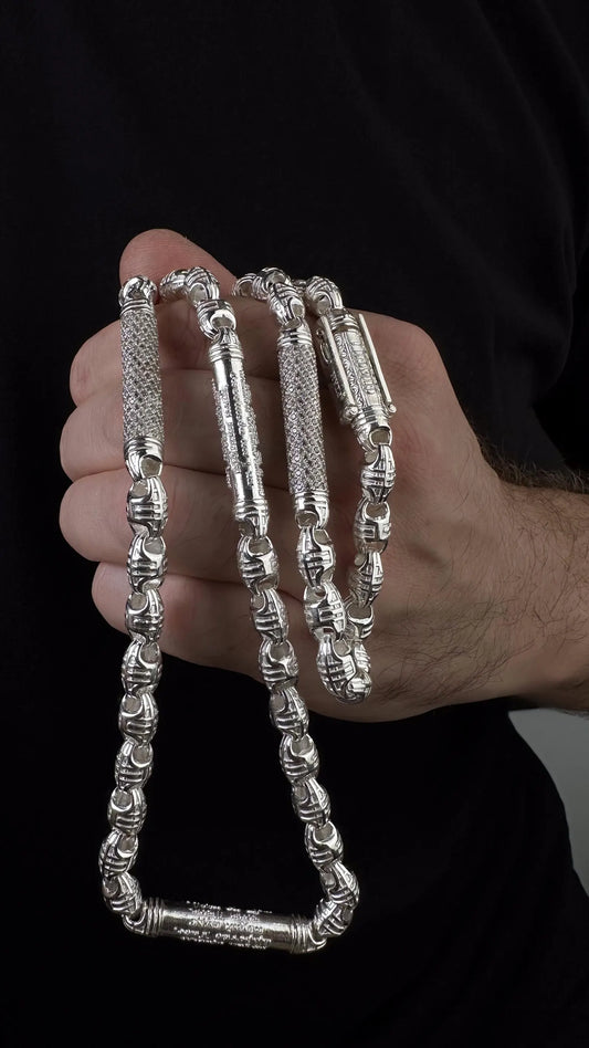 Men’s sterling silver chain with prayer text and stone inlays