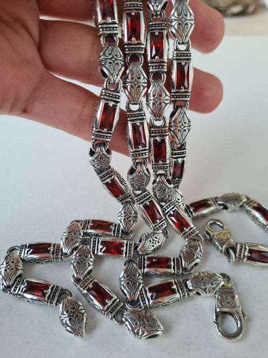 Men's necklace made of 925 silver with garnets and gothic pattern