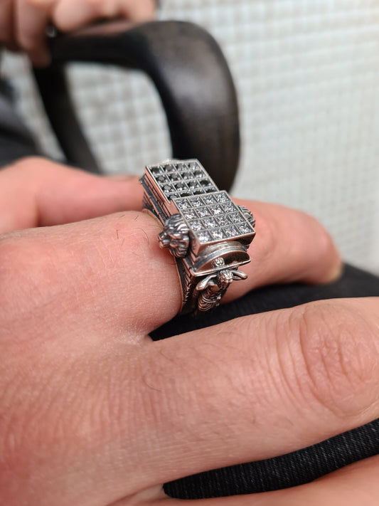 Men's silver ring with gemstones, Jesus statue and lion heads