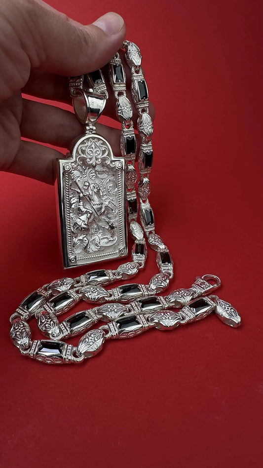 Men's Silver Necklace with Onyx and St. George Pendant