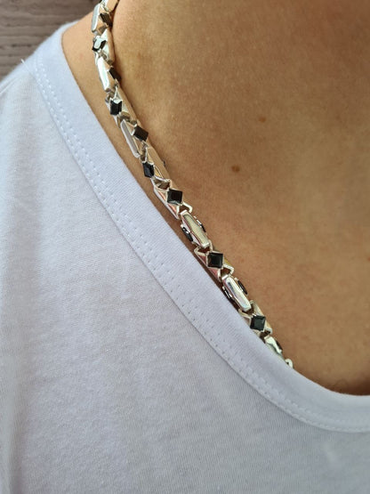men's silver necklace with agates on a man
