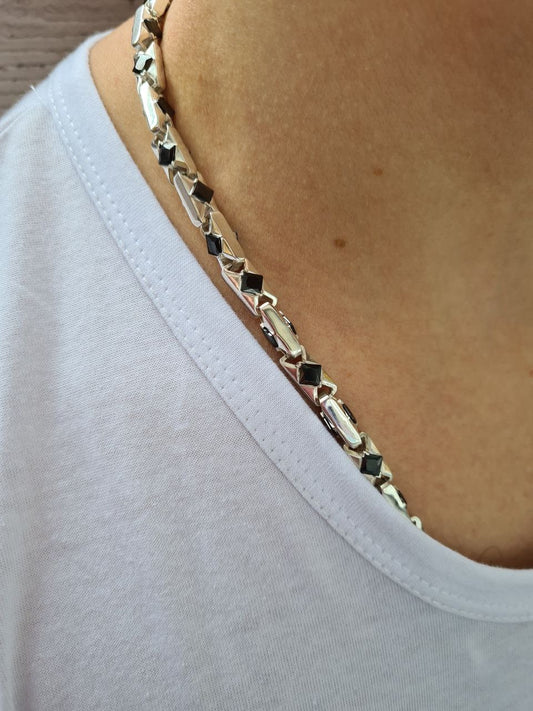 men's silver necklace with agates on a man