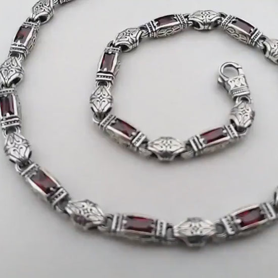 Men's necklace made of 925 silver with garnets and gothic pattern