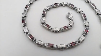 Men's necklace made of 925 silver with garnets and gothic pattern
