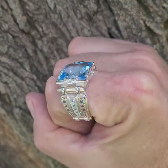 Sterling silver ring with 14K gold overlay and big square blue topaz video