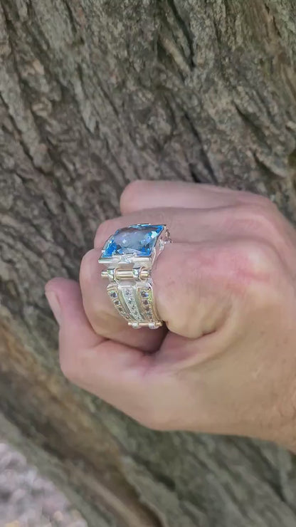 Sterling silver ring with 14K gold overlay and big square blue topaz video