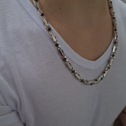men's silver necklace with agates on a man video