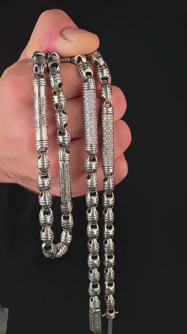 Religious men’s silver chain with darkened finish and gemstones