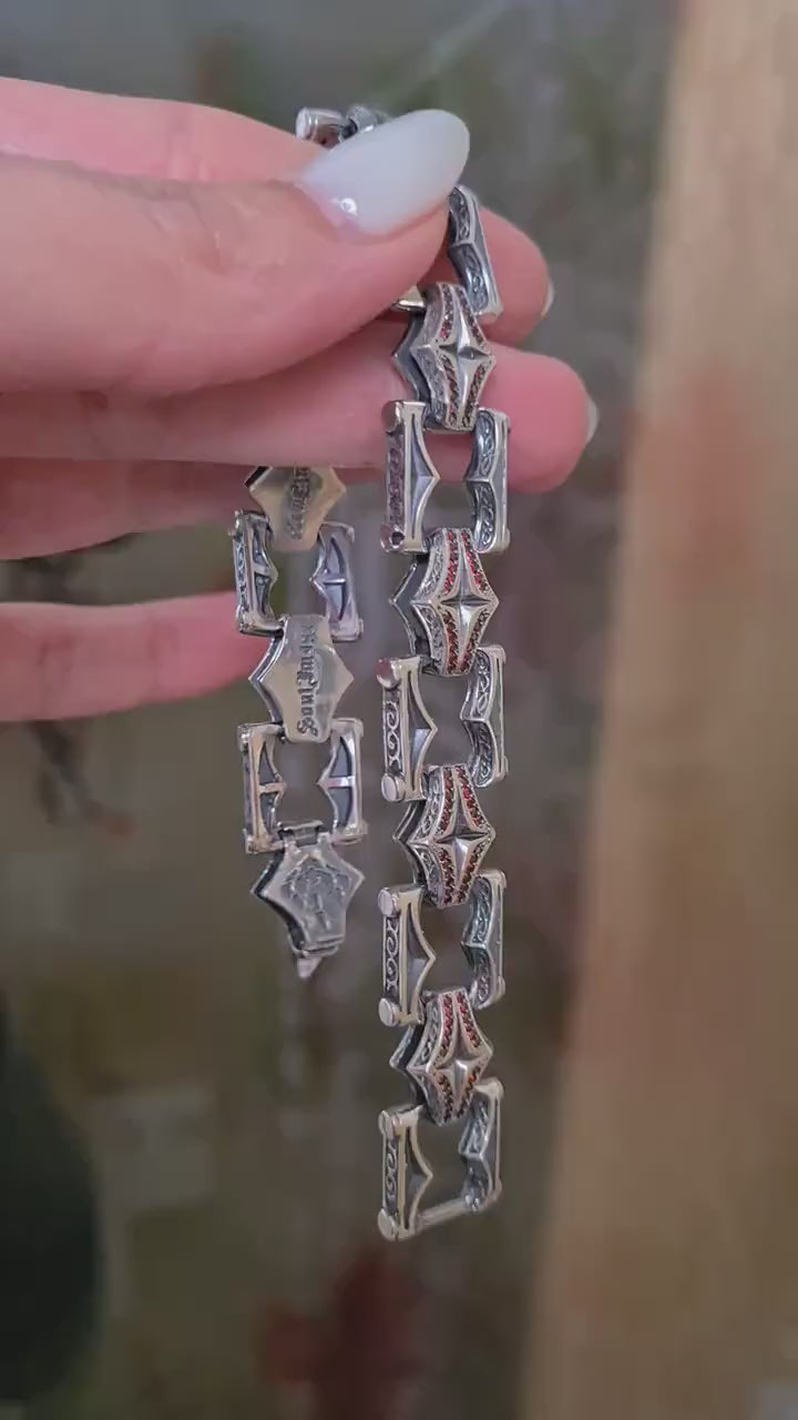 Men’s gothic style sterling silver 925 bracelet with garnet stones