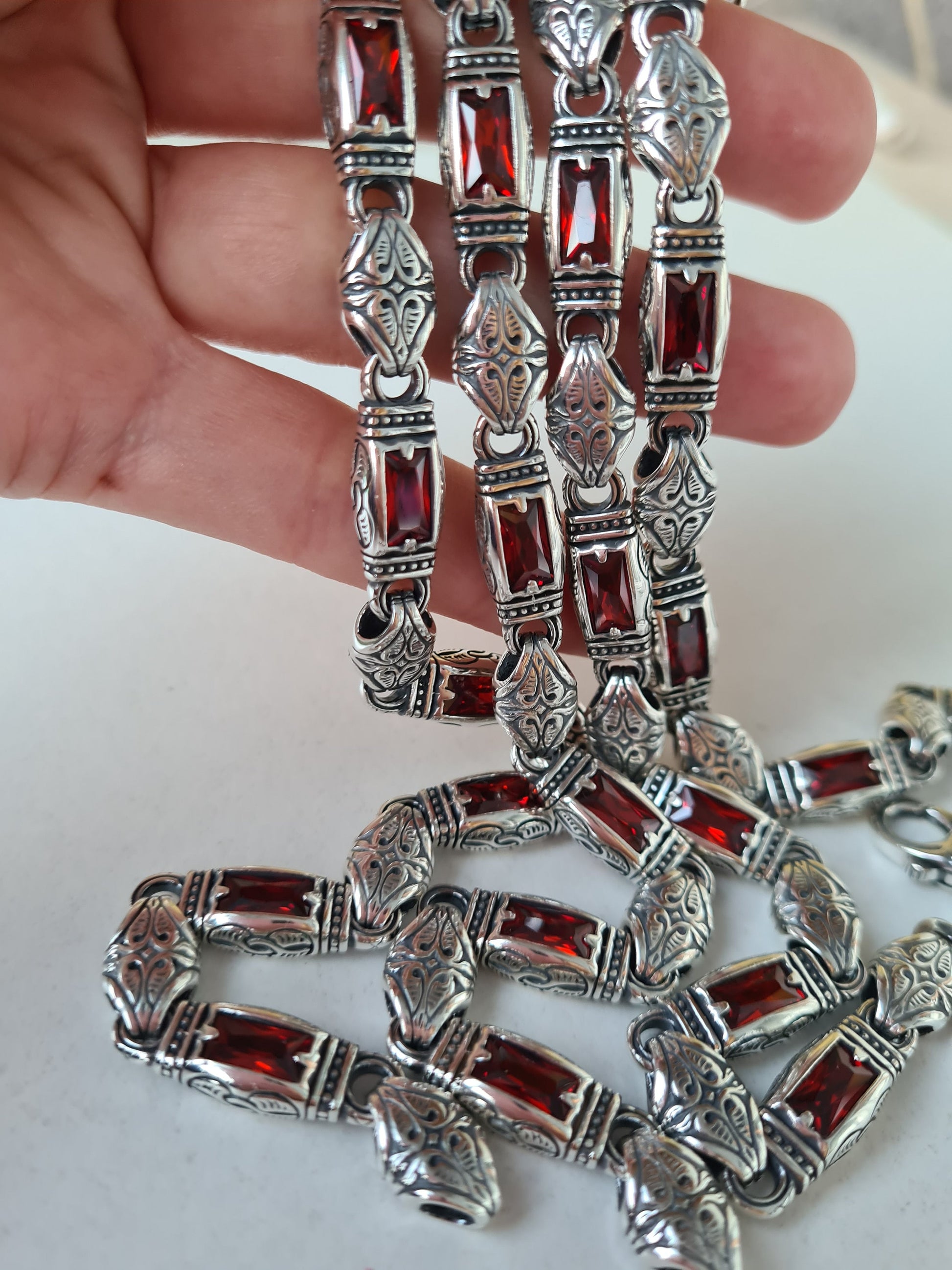 Men's necklace made of 925 silver with garnets and gothic pattern