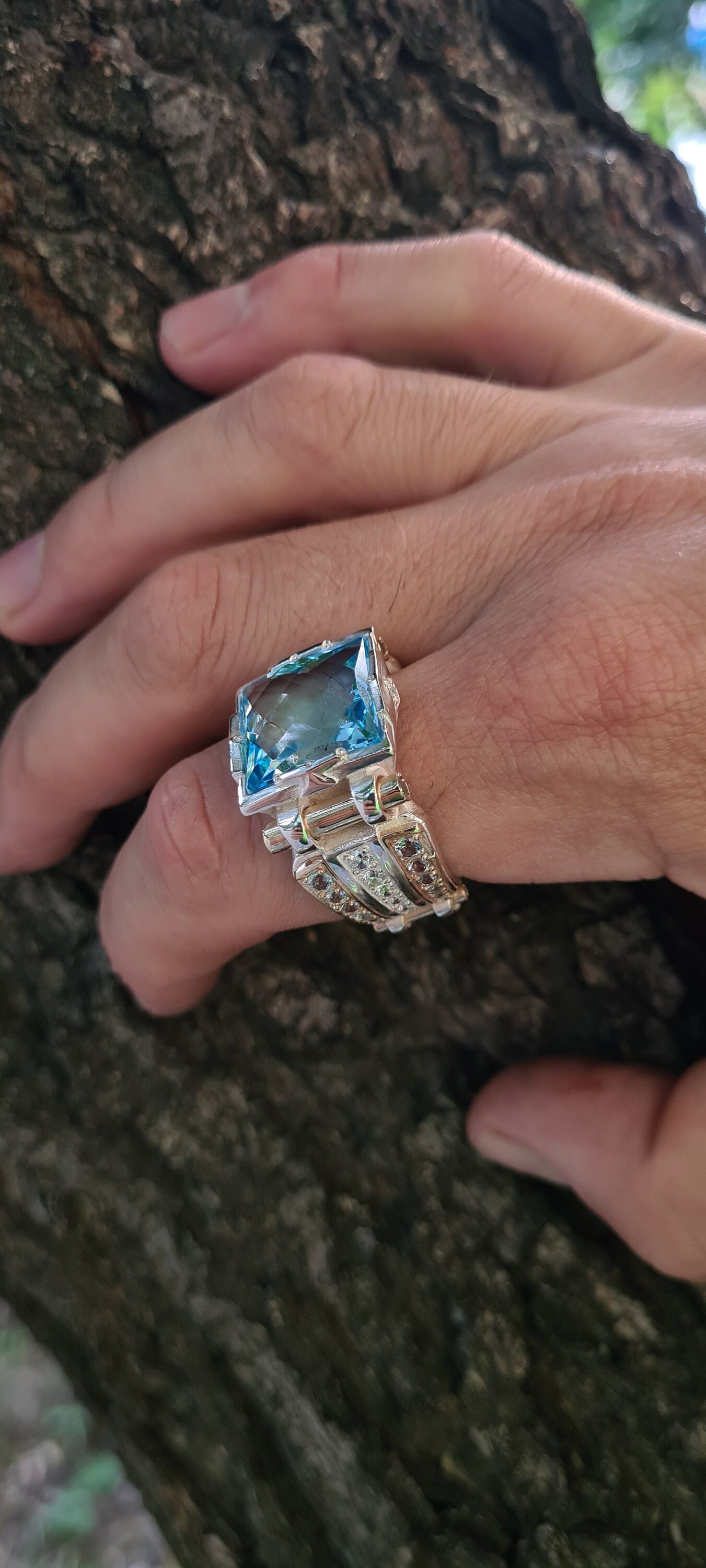 Large silver 925 men's ring with 14K gold accents and natural 15mm topaz