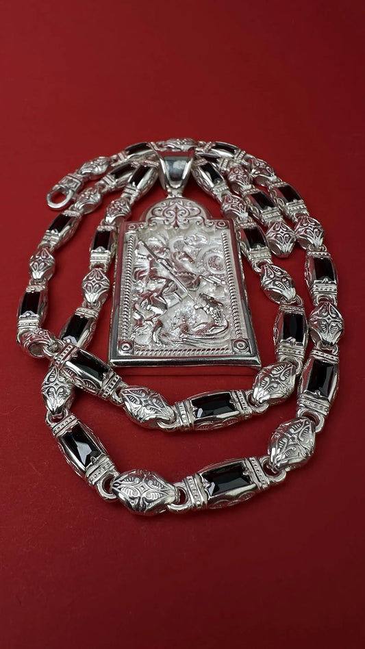 Silver chain 8 mm with black onyx and pendant of St. George the Victorious